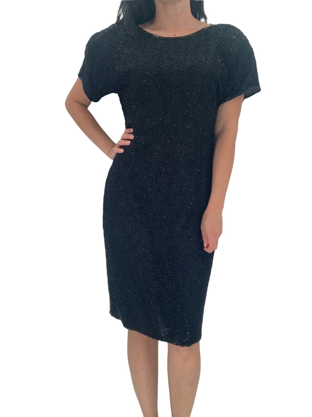 Vintage STENAY Silk Beaded Dress Size 10 / Modern M Black Classic Back Zipper